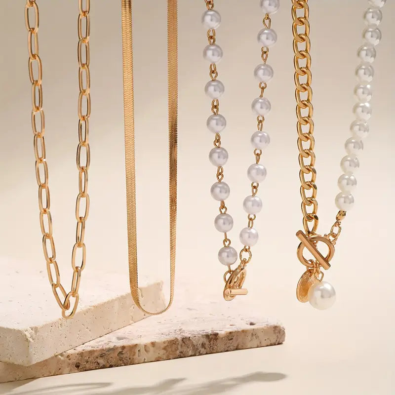 Ensemble collier Vintage Pearl & Gold Snake Chain | Or