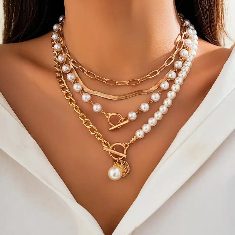 Ensemble collier Vintage Pearl & Gold Snake Chain | Or