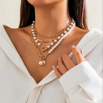 Ensemble collier Vintage Pearl & Gold Snake Chain | Or
