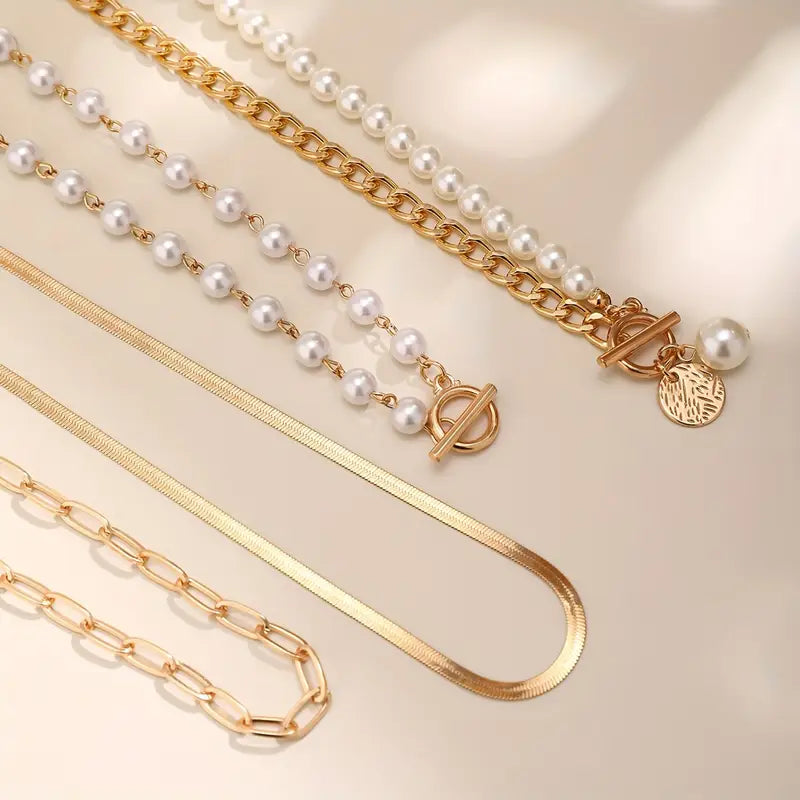 Ensemble collier Vintage Pearl & Gold Snake Chain | Or