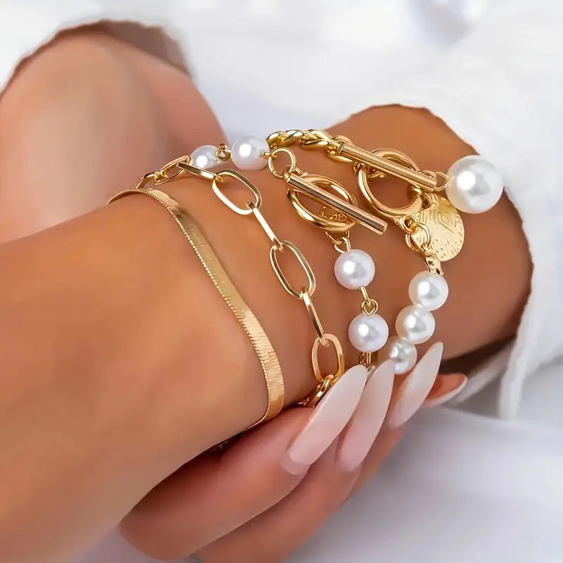 Ensemble bracelet Chic Gold 4 pièces – Snake, Pearls & Links | Or
