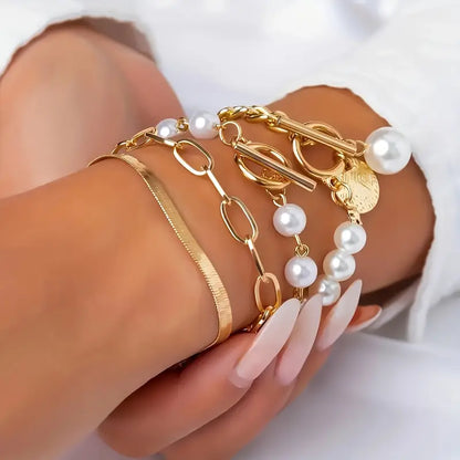 Ensemble bracelet Chic Gold 4 pièces – Snake, Pearls & Links | Or