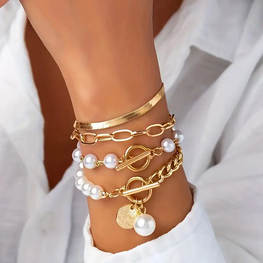 Ensemble bracelet Chic Gold 4 pièces – Snake, Pearls & Links | Or