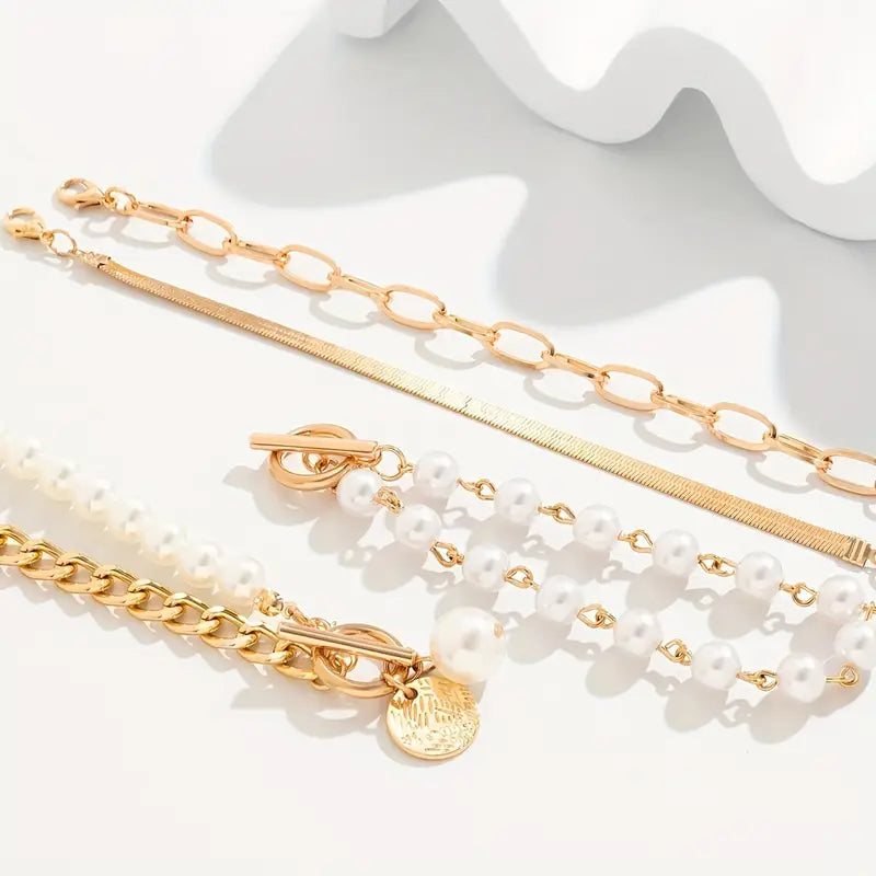 Ensemble bracelet Chic Gold 4 pièces – Snake, Pearls & Links | Or