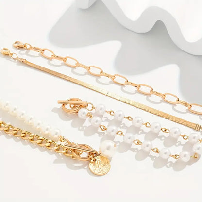 Ensemble bracelet Chic Gold 4 pièces – Snake, Pearls & Links | Or