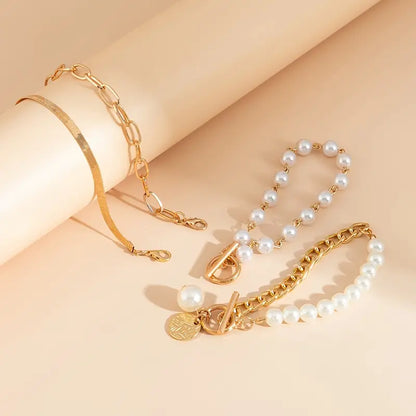 Ensemble bracelet Chic Gold 4 pièces – Snake, Pearls & Links | Or