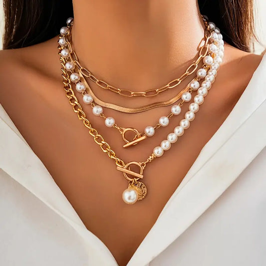 Ensemble collier Vintage Pearl & Gold Snake Chain | Or