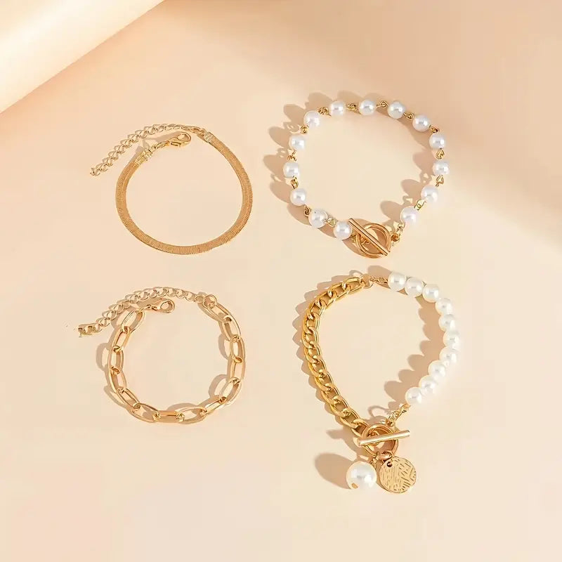 Ensemble bracelet Chic Gold 4 pièces – Snake, Pearls & Links | Or