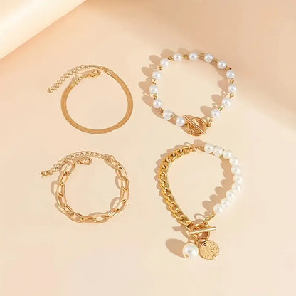 Ensemble bracelet Chic Gold 4 pièces – Snake, Pearls & Links | Or