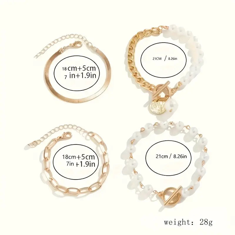 Ensemble bracelet Chic Gold 4 pièces – Snake, Pearls & Links | Or
