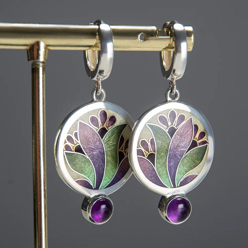 Boucles d'oreilles Boho en Argent Sterling avec Cristaux Violets