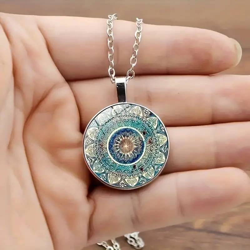 Collier Vintage Rond Mandala Bleu