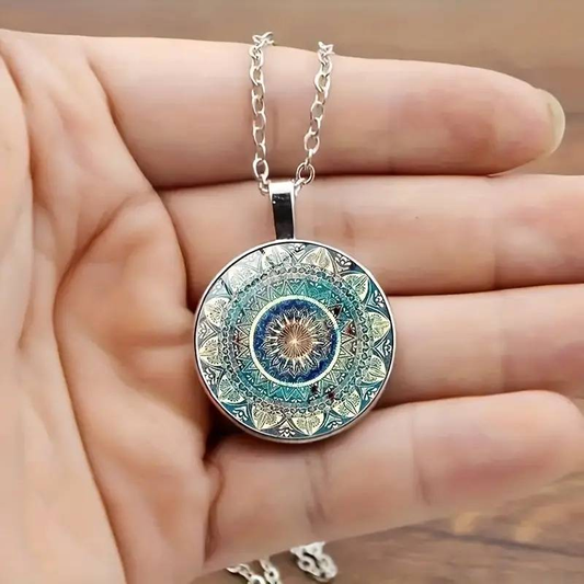 Collier Vintage Rond Mandala Bleu