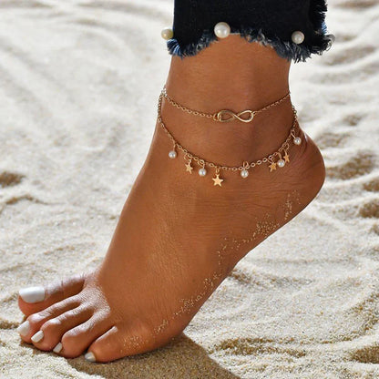Bracelet cheville Infinity + perles et étoiles | Or